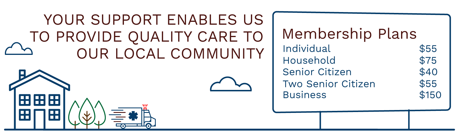 Membership Fees: Individual - $50, Household - $70, Senior - $35, Two Seniors - $50, Business - $150, Tac Deductible Donation - Your Choice.